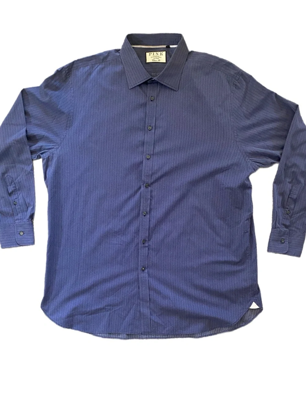 Thomas Pink Men's Navy Blue Herringbone Button-Down Shirt Size 19 - 37 1/2